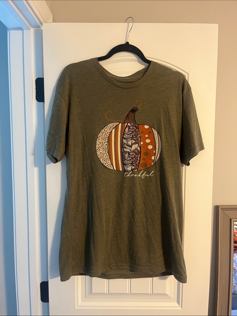 Next Level Apparel Olive Green 'Thankful' Pumpkin Graphic Tee